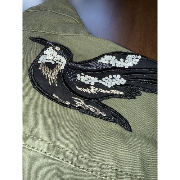 Cabi Utility Military Jacket Sequin Embellished Bird Star Patch Army Green Sz S - Picture 15 of 16